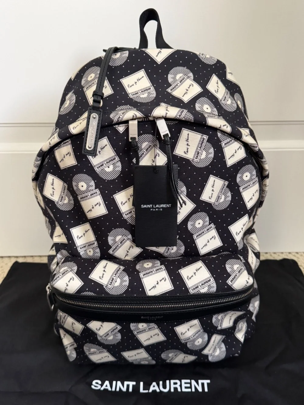 Saint Laurent YSL City Vinyl Record Black Leather Canvas Backpack Bag